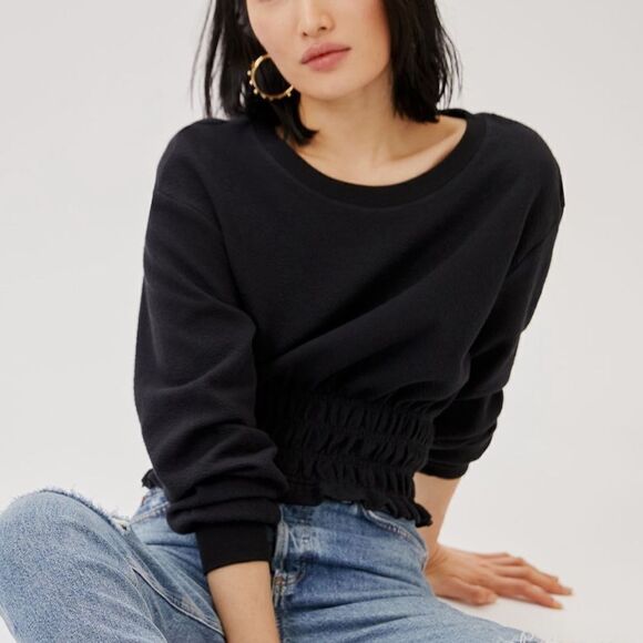 Maeve By Anthropologie Black Textured Cropped Smocked Boatneck Sweater Size S - Picture 1 of 11